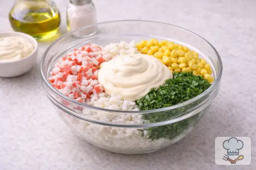 Фото 6-го шага: Салат с крабовыми палочками, кукурузой и яйцом