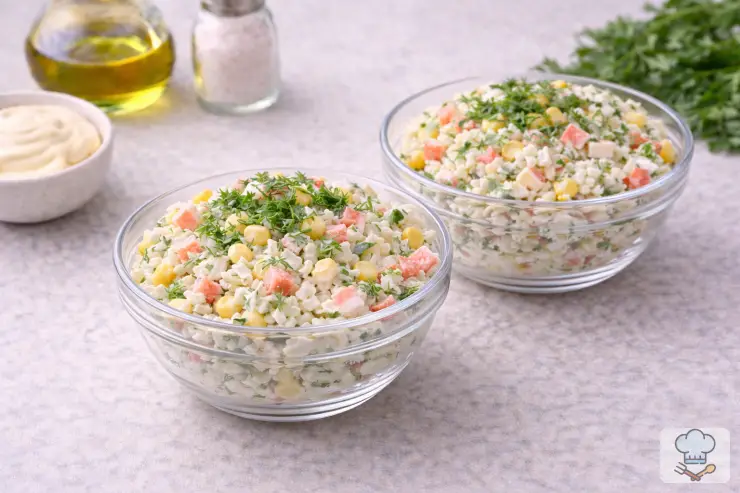 Салат с крабовыми палочками, кукурузой и яйцом