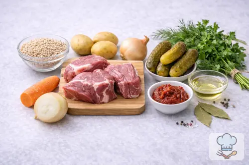 Фото 1-го шага: Рассольник с перловкой и солёными огурцами