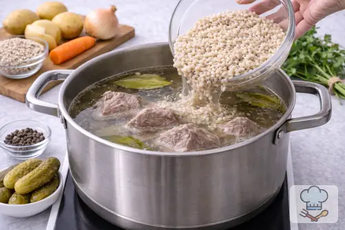 Фото 4-го шага: Рассольник с перловкой и солёными огурцами